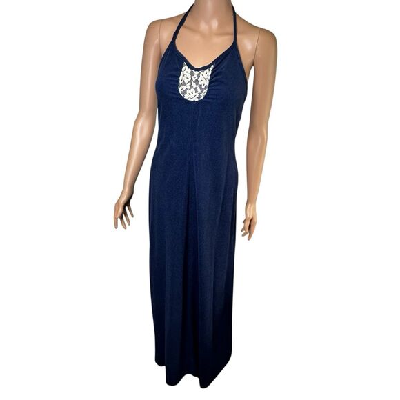 Vtg Blue Dress W/ Shrug 70s 80s Maxi Lace Bell Sleeve Halter Boho Hippie Regency - Picture 2 of 14